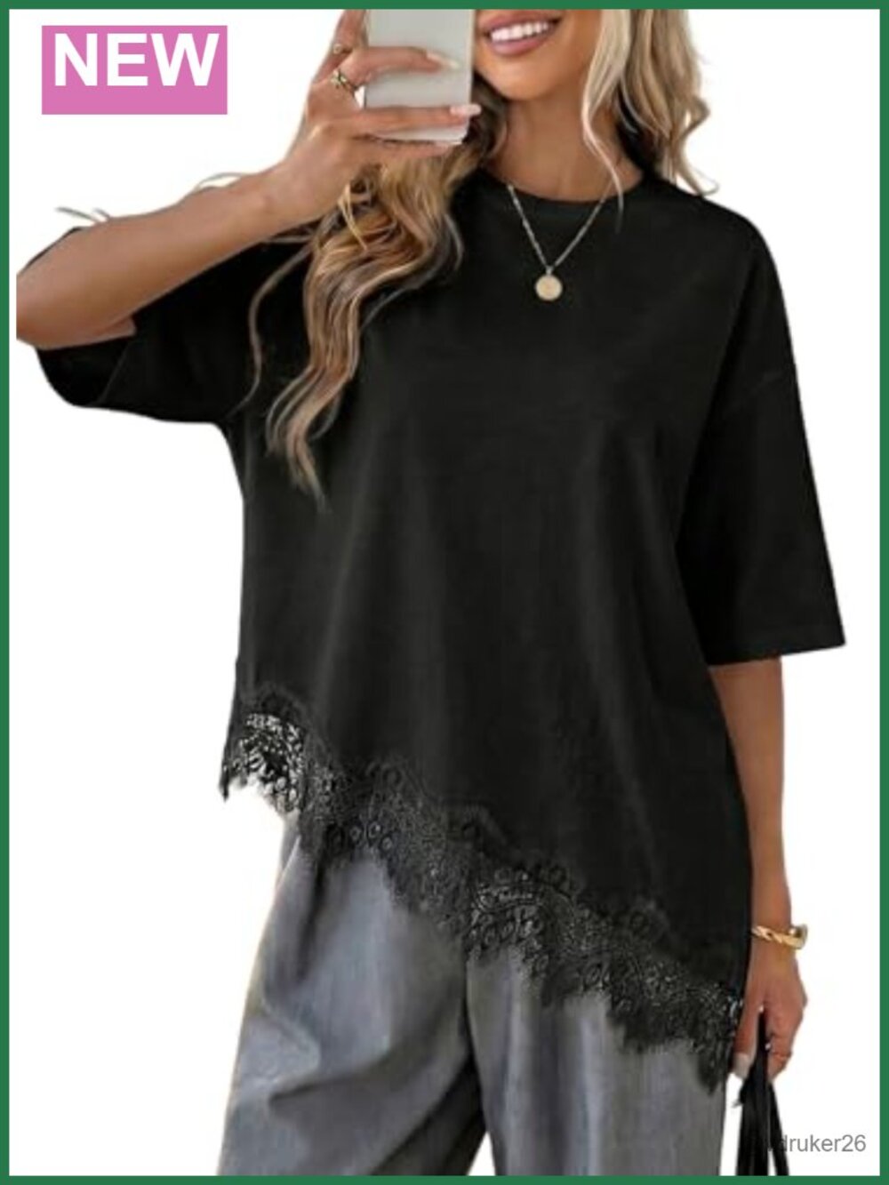 Women's Casual Crew Neck Half Sleeve T-Shirt Asymmetrical Lace Hem Top